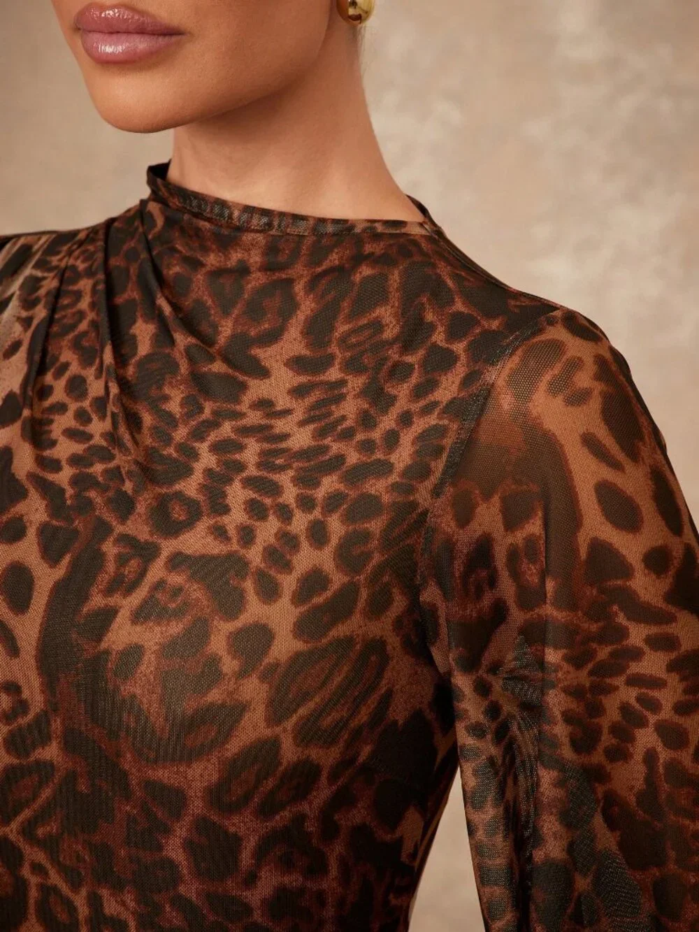 Coffee Brown Elegant Women's Leopard Print Oversized Sheer Tie-Up Maxi Dress - Picture 4 of 6